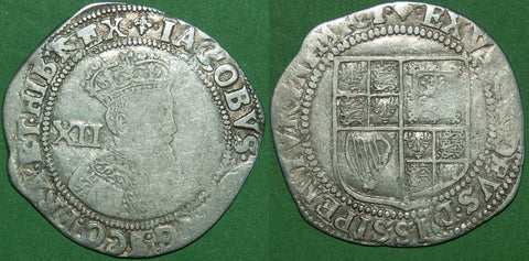 A James I first coinage second bust shilling with mintmark lis, dating it to 1604-5. It is weak in parts and slightly double struck. The grade is good fine and the weight is 5.68 grams. The price is £120.