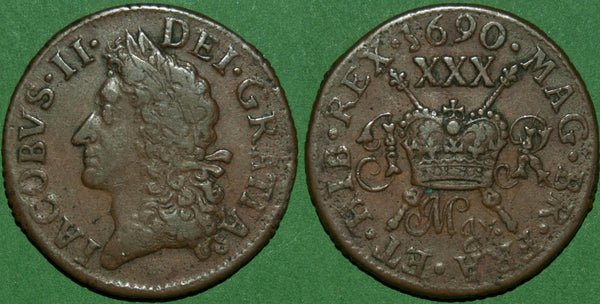 An Irish 'Gunmoney' halfcrown dated May 1690. Wear to the higher points and grades very fine on the obverse, the reverse better. The weight is 10.04g  and the price is £275.