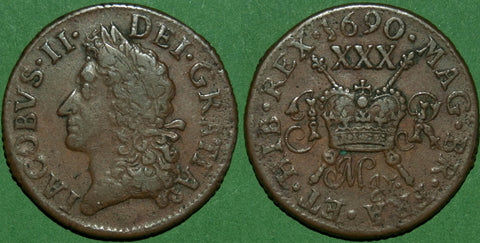 An Irish 'Gunmoney' halfcrown dated May 1690. Wear to the higher points and grades very fine on the obverse, the reverse better. The weight is 10.04g  and the price is £275.