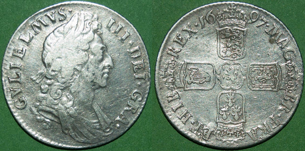 A William III 1697 third bust shilling. It has been cleaned and there s a small dent in the English shield. The grade is nearly very fine and the price is £70.