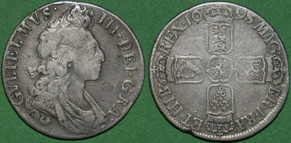 A William III 1698 fourth bust 'Flaming Hair' shilling.  There is general wear to the bust and a rim mark at 7pm on the reverse. A perfectly acceptable of this rarity. The grade is Fine and the price is £275.