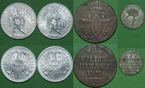 Four coins, a pair of Austrian schillings dated 1952 & 1957; a Danish skilling dated 1771; a Mecklenburg-Schwerin 1771 schilling. The first two are uncirculated, the third good fine and the last good fine on the obverse and very fine on the reverse. The price for the 4 pieces is £25.