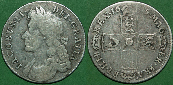 A James II 1685 shilling with wear to both sides. It is flat on the English crown and French shield. The grade is Fine and the price is £200.