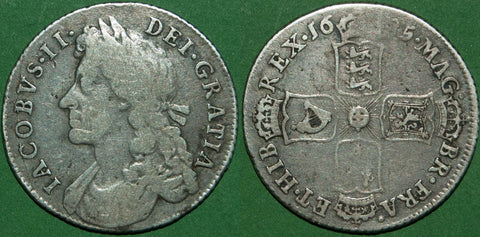 A James II 1685 shilling with wear to both sides. It is flat on the English crown and French shield. The grade is Fine and the price is £200.