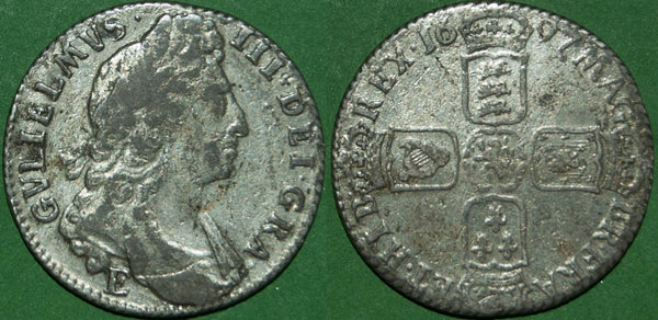 A William III 1697E first bust shilling struck at Exeter. It has been cleaned, and is a detector find, but has reasonable detail. The grade is good fine and better and the price is £150.
