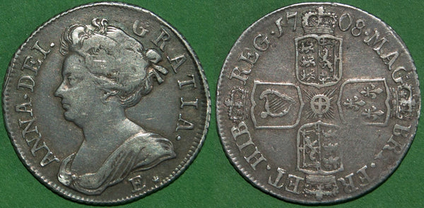 Anne 1708E* shilling struck from local dies at the Edinburgh mint. Toned with even wear to both sides and problem free, the grade is very fine and the price is £650. A rare coin.