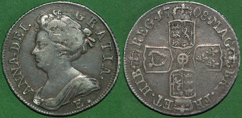 Anne 1708E* shilling struck from local dies at the Edinburgh mint. Toned with even wear to both sides and problem free, the grade is very fine and the price is £650. A rare coin.