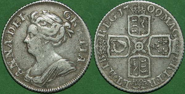 Anne 1709 third bust shilling with plain angles on the reverse. Even wear to both sides with slight weakness at 2 o'clock, about very fine and the price is £125.00