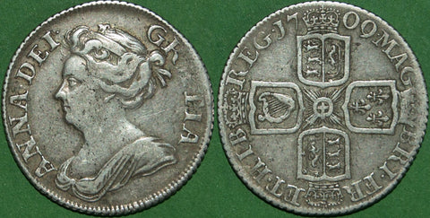 Anne 1709 third bust shilling with plain angles on the reverse. Even wear to both sides with slight weakness at 2 o'clock, about very fine and the price is £125.00