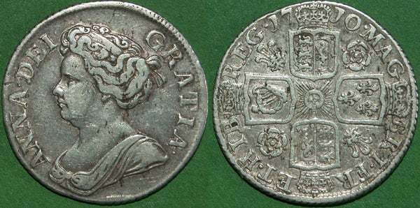 Anne 1710 third bust shilling with roses and plumes in the reverse angles. Even wear to both sides and a bold very fine. The price is £400.00. A rare coin.