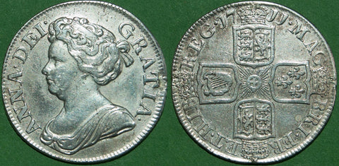 Anne 1711 fourth bust shilling with plain angles. A decent grade, but cleaned with a couple of scratches to the obverse. The grade is good very fine or slightly better and the price is £175.