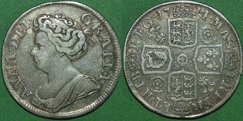 Anne 1714 over 3 fourth bust shilling with roses and plumes in the angles. Toned with even wear and very fine. The price is £350. A rare coin.