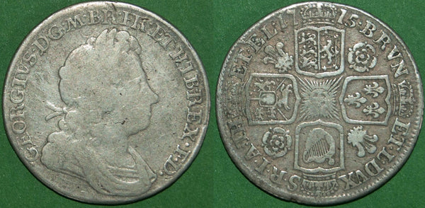 George I 1715 shilling with roses and plumes in the angles. A weak bust with the reverse better. The obverse near fine, the reverse fine. The price is £75.