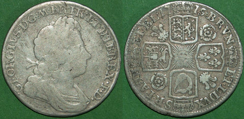 George I 1715 shilling with roses and plumes in the angles. A weak bust with the reverse better. The obverse near fine, the reverse fine. The price is £75.