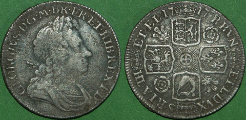 George I 1717 shilling with roses and plumes in the angles. Decent detail and nearly very fine for wear, but pitted surfaces. The price is £120.