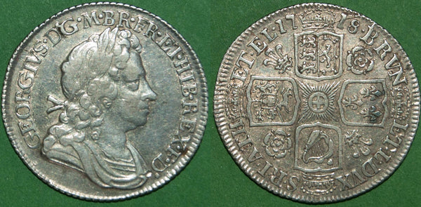 George I 1718 shilling with roses and plumes in the angles. Even wear to the higher points  and the reverse die flawed. A bold very fine and the price is £250.