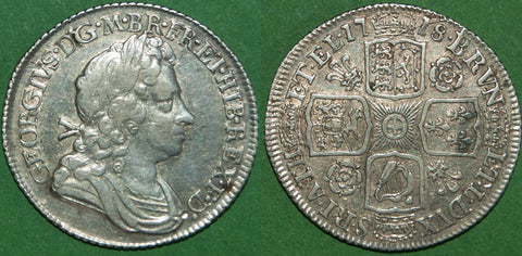 George I 1718 shilling with roses and plumes in the angles. Even wear to the higher points  and the reverse die flawed. A bold very fine and the price is £250.