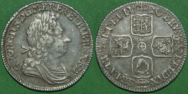George I 1720 shilling with plain angles. A deep strike, toned with light wear and a bold very fine. Quite attractive. The price is £250.