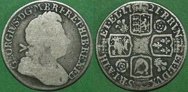 George I 1721 shilling with roses and plumes in the reverse angles. Darkly toned, the obverse is quite worn, the reverse is better. Grades fair and fine. The price is £80. A rare date.