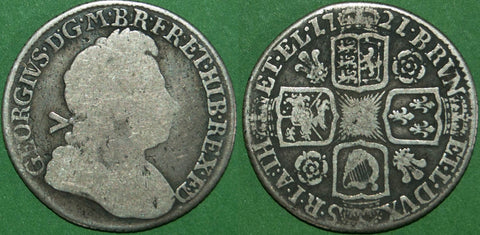 George I 1721 shilling with roses and plumes in the reverse angles. Darkly toned, the obverse is quite worn, the reverse is better. Grades fair and fine. The price is £80. A rare date.