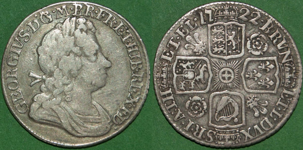 George I 1722 shilling with roses and plumes in the angles. A scarce date. Evenly worn both sides, the obverse is good fine and the reverse slightly better. The price is £160.