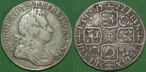 George I 1722 shilling with roses and plumes in the angles. A scarce date. Evenly worn both sides, the obverse is good fine and the reverse slightly better. The price is £160.