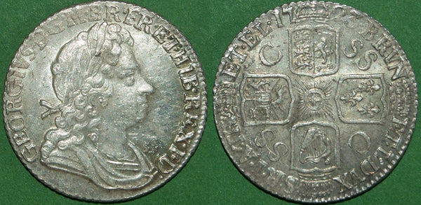 George I 1723 first bust SSC shilling. Struck from rusted dies with minimal wear and a bold extremely fine thus. The price is £375.