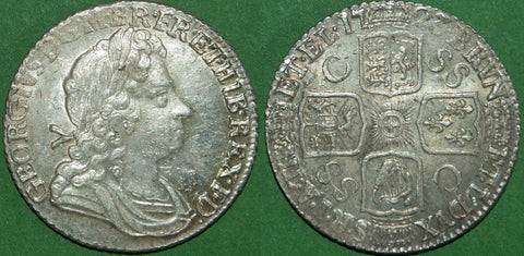 George I 1723 first bust SSC shilling. Struck from rusted dies with minimal wear and a bold extremely fine thus. The price is £375.