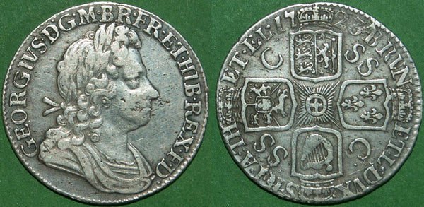 George I 1723 first bust shilling with C over SS in the third quarter. Even wear with rust spots  on the reverse. and lightly cleaned, The grade is very fine and the price is £125.