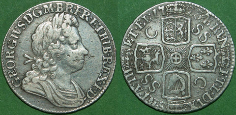 George I 1723 first bust shilling with C over SS in the third quarter. Even wear with rust spots  on the reverse. and lightly cleaned, The grade is very fine and the price is £125.