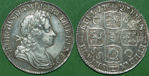 George I 1723 first bust SSC shilling. Lightly toned and cleaned at some point in time. Good very fine and the price is £250.