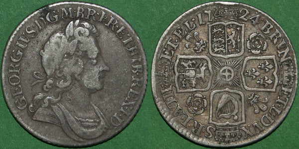 George I 1724 second bust shilling with roses and plumes in the angles. Scarce. Wear to the portrait and a small rim mark on the reverse at 12 o'clock. Nearly very fine and the price is £200.