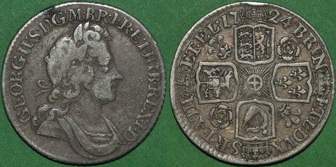 George I 1724 second bust shilling with roses and plumes in the angles. Scarce. Wear to the portrait and a small rim mark on the reverse at 12 o'clock. Nearly very fine and the price is £200.