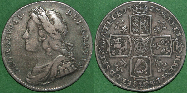 George II 1727 young head shilling with plumes in the reverse angles. Toned and evenly worn both sides. Grades nearly very fine and the price is £350.