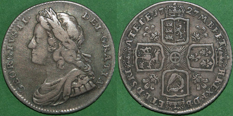 George II 1727 young head shilling with plumes in the reverse angles. Toned and evenly worn both sides. Grades nearly very fine and the price is £350.