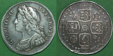 George II 1727 shilling with roses and plumes in the reverse angles. Toned, with wear to the higher points and a pleasing very fine. The price is £325.