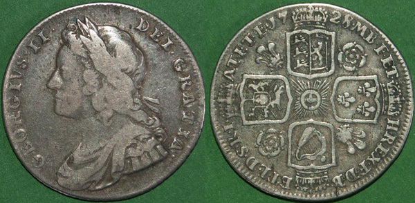 George II 1728 young head shilling with roses and plumes in the angles. A less commonly encountered date. There is wear to the portrait which grades gFine, less so to the reverse which is nearer to very fine. The price is £225.