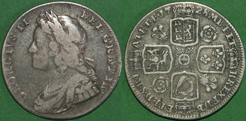 George II 1728 young head shilling with roses and plumes in the angles. A less commonly encountered date. There is wear to the portrait which grades gFine, less so to the reverse which is nearer to very fine. The price is £225.