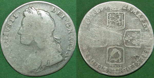 George II 1728 shilling with plain angles. A low grade coin that is fair at best, but most detail remains. The price is £50.
