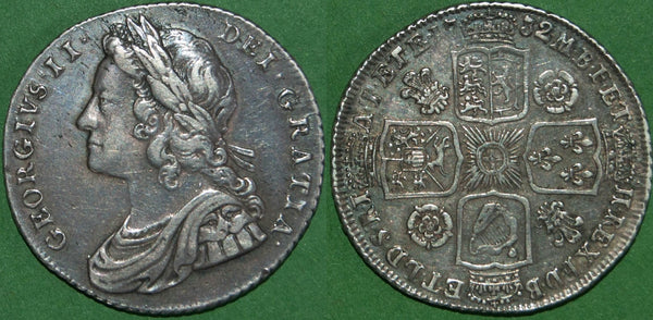 George II 1732 shilling with roses and plumes in the angles.  Attractively toned with light wear. There is a thin scratch under the chin, but otherwise grades good very fine. The price is £650.