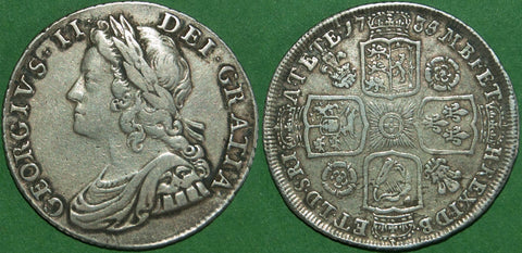 George II 1735  younghead shilling with roses and plumes in the angles. Toned with even wear and better than very fine. The price is £300.