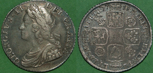George II 1735 young head shilling with roses and plumes in the angles.  Nicely toned, but a little weak in the centre of the reverse. Very fine and the price is £250.