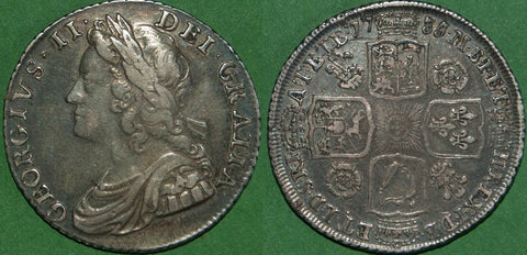 George II 1735 young head shilling with roses and plumes in the angles.  Nicely toned, but a little weak in the centre of the reverse. Very fine and the price is £250.