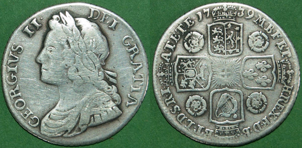 George II 1739 young head shilling with roses in angles. Generally worn, cleaned and polished. Grade is fine and the price is £50