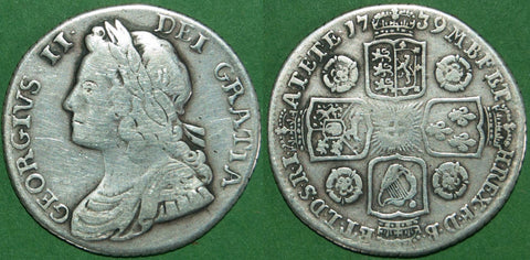 George II 1739 young head shilling with roses in angles. Generally worn, cleaned and polished. Grade is fine and the price is £50