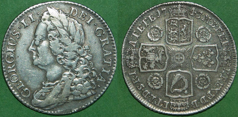 George II 1743 old head shilling with roses in the angles. There is some wear to the obverse which is almost very fine, while the reverse is better and attractively toned. The price is £125.