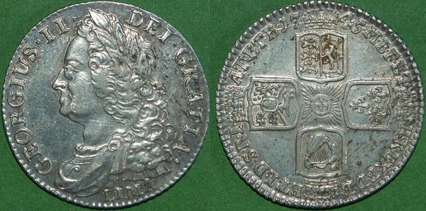George II 1745 old head LIMA shilling, struck from captured Spanish silver. Lightly toning and better than very fine. The price is £150.