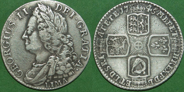 George II 1745 LIMA shilling in almost very fine grade, but the hair and laurel detail has been tooled. The price is £60.