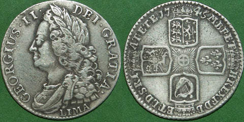 George II 1745 LIMA shilling in almost very fine grade, but the hair and laurel detail has been tooled. The price is £60.