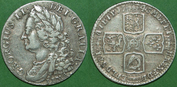 George II 1745 old head LIMA shilling, lightly toned with even wear to both sides an a couple of trivial marks. Grades very fine and the price is £125.